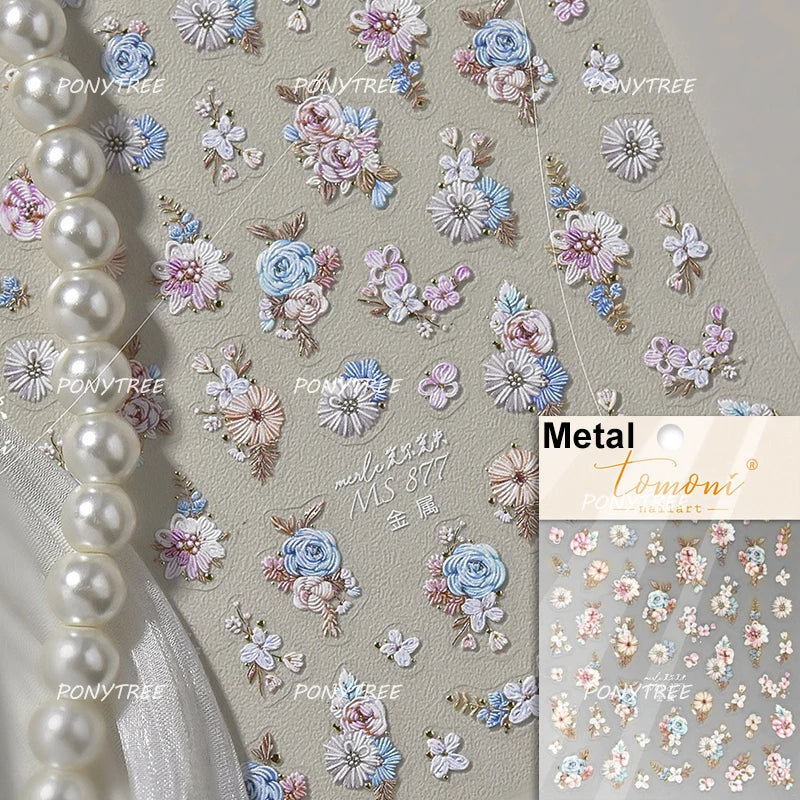 Elegant Pink Purple Flower Rose Colourful Gentle Petal Peach Blossom Metal Shiny Self Nail Art Sticker Decoration Manicure Decal