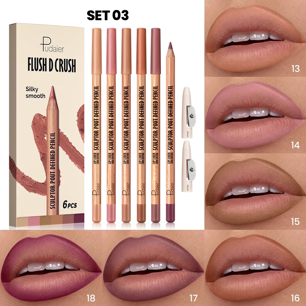 6pcs Berry Purple Lip Liner Pencil Set Velvet Matte Wooden Lipliner Lipstick Pencil Long-Lasting Pink Brown Lip Contour Pencil