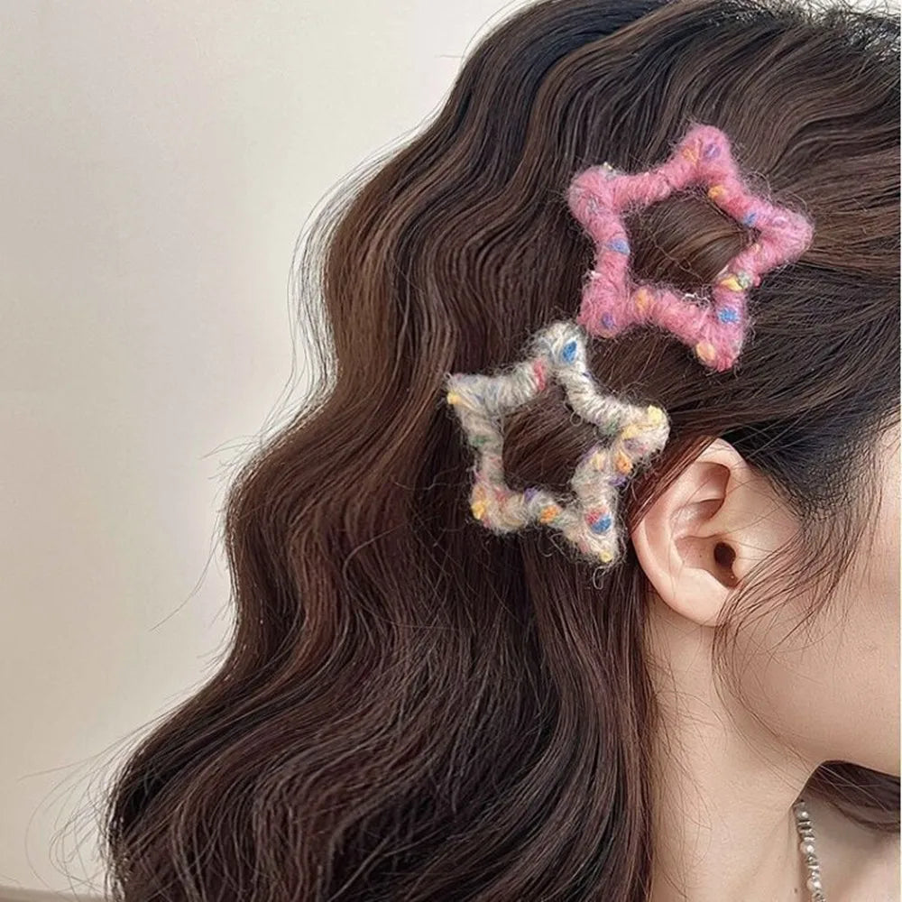 4Pcs Star Hair Clips, Colorful KnittingHair Clips, Elegant 5-Star Hairband Clips, Hair Accessories For Girl To Style Side Braids