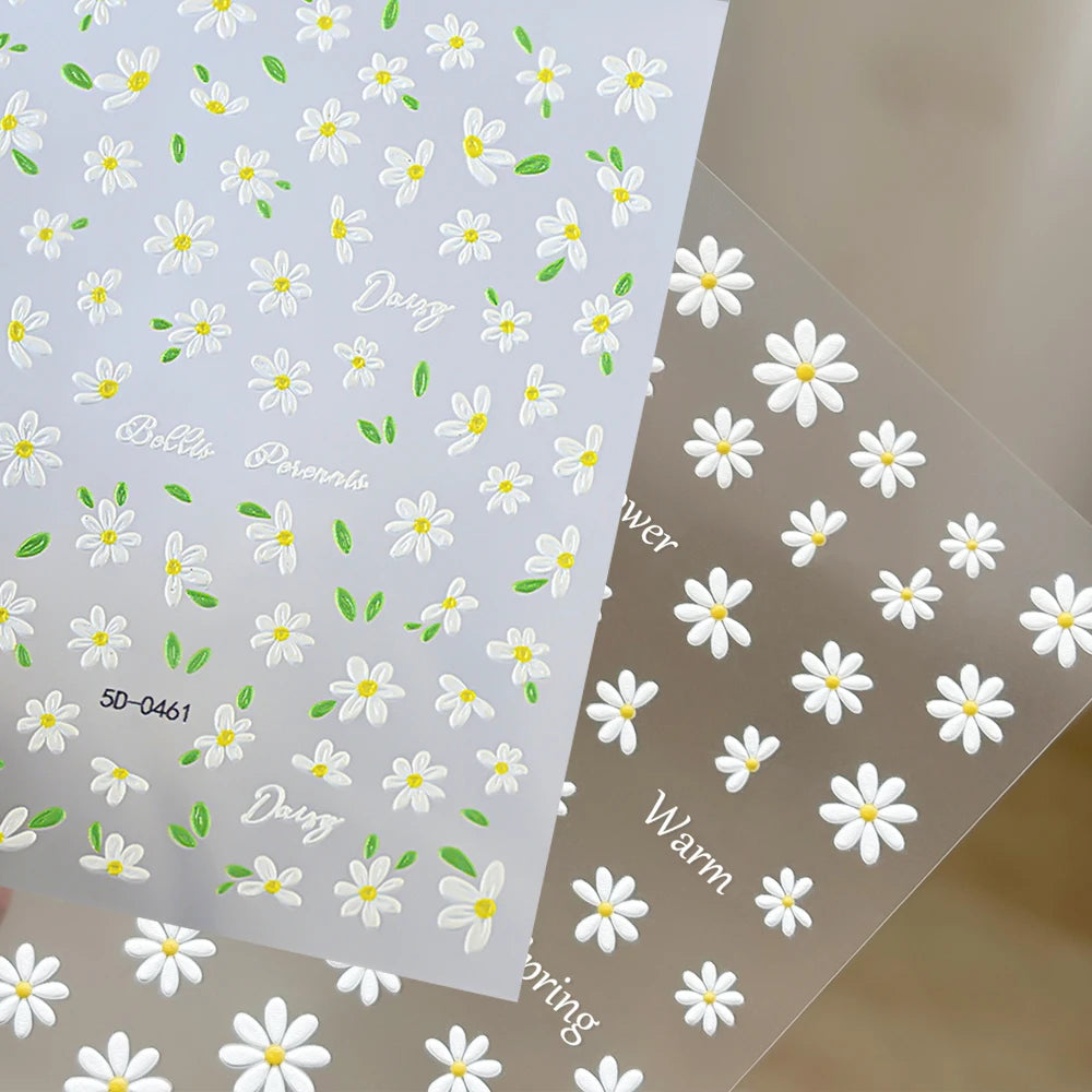 2pcs 5D White Daisy Design Nail Art Stickers Embossed Daisy Floret Green Leaf Nail Art Decals DIY Spring Summer Decor Stickers