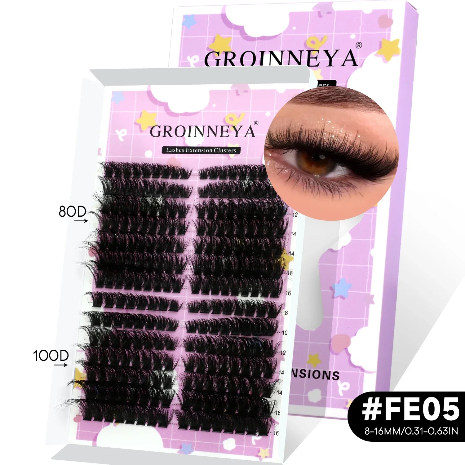 GROINNEYA Lash Clusters Kit Natural Cat Lashes Winged End Eye Elongated Eyelashes With Lash Bond & Seal Cluster Kit DIY at Home