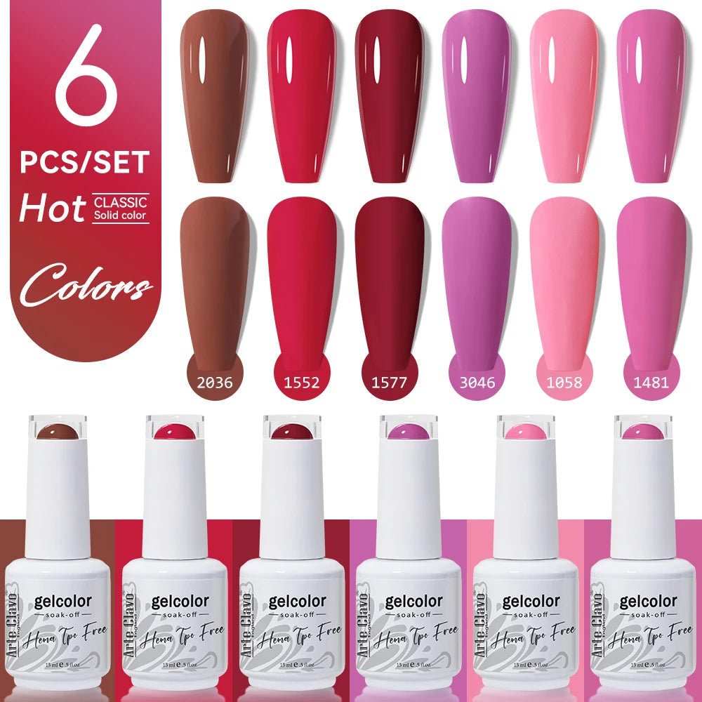 Arte Clavo 15ml Gel Polish Set 6PCS HEMA TPO Free Soak Off UV LED Nail Varnish Kit Long Lasting Manicure Gel for Nail Art Salon