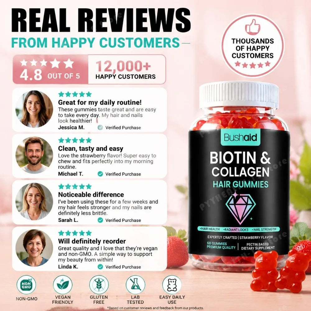 Bushaid Biotin Collagen Hair Gummies Strawberry Flavor Biotin 600mcg MSM Vitamins A D B6 B12 Non-GMO Vegan Gluten Free 60 Count