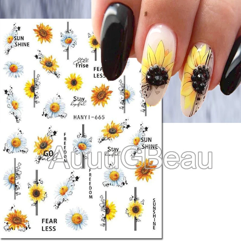 3d Nail Art Decals Geometric Lines Daisy Sunflowers Letters Adhesive Sliders Nail Stickers Decoration For Manicure