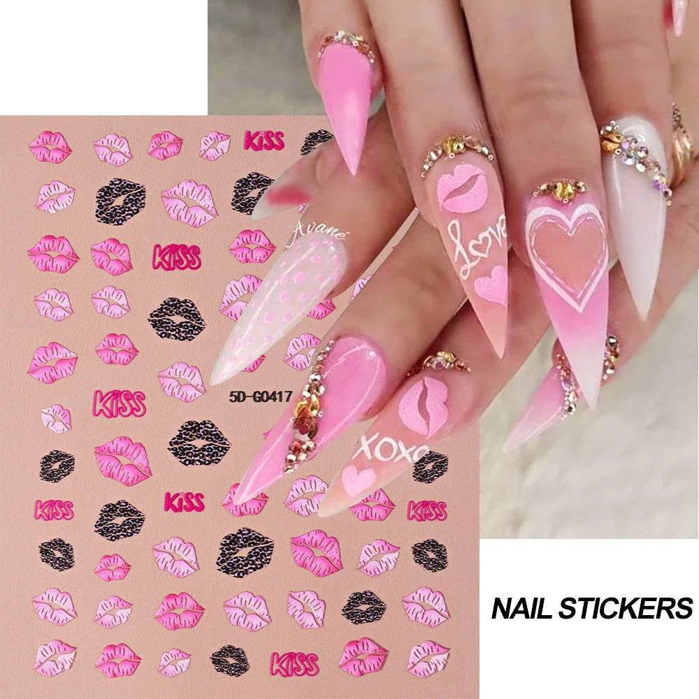2pcs Valentines 3D Red Lips Print Nail Art Stickers Pink Kisses Nail Decals Adhesive Slider Valentine's Day Manicure Accessories