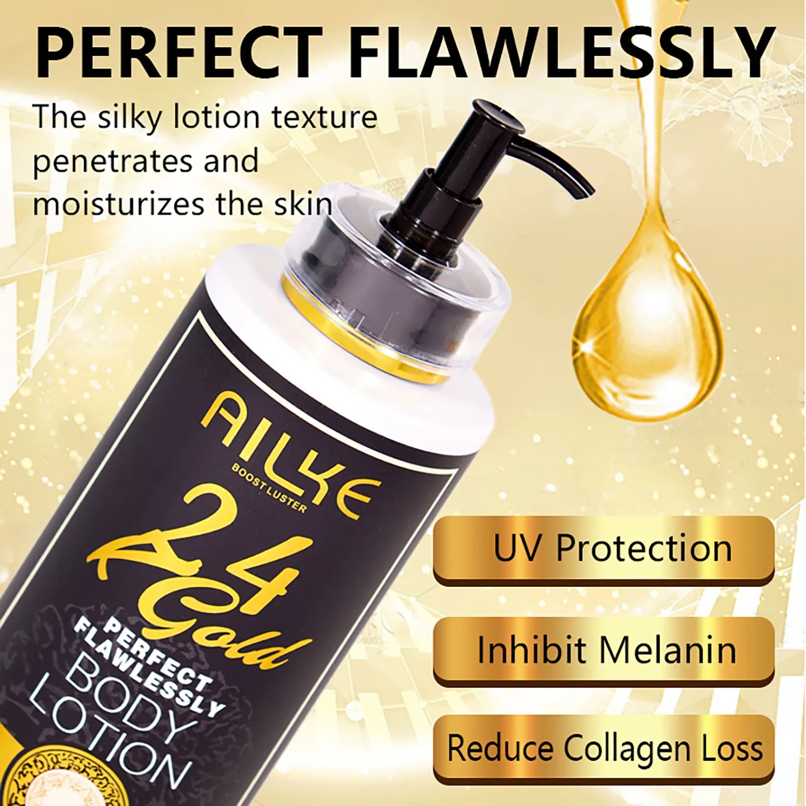 AILKE 24k Gold Perfect Flawlessly Body Lotion, Whitening, Inhibit Melanin, Moisturizing, UV Protect, With Nicotinamide Vitamin C