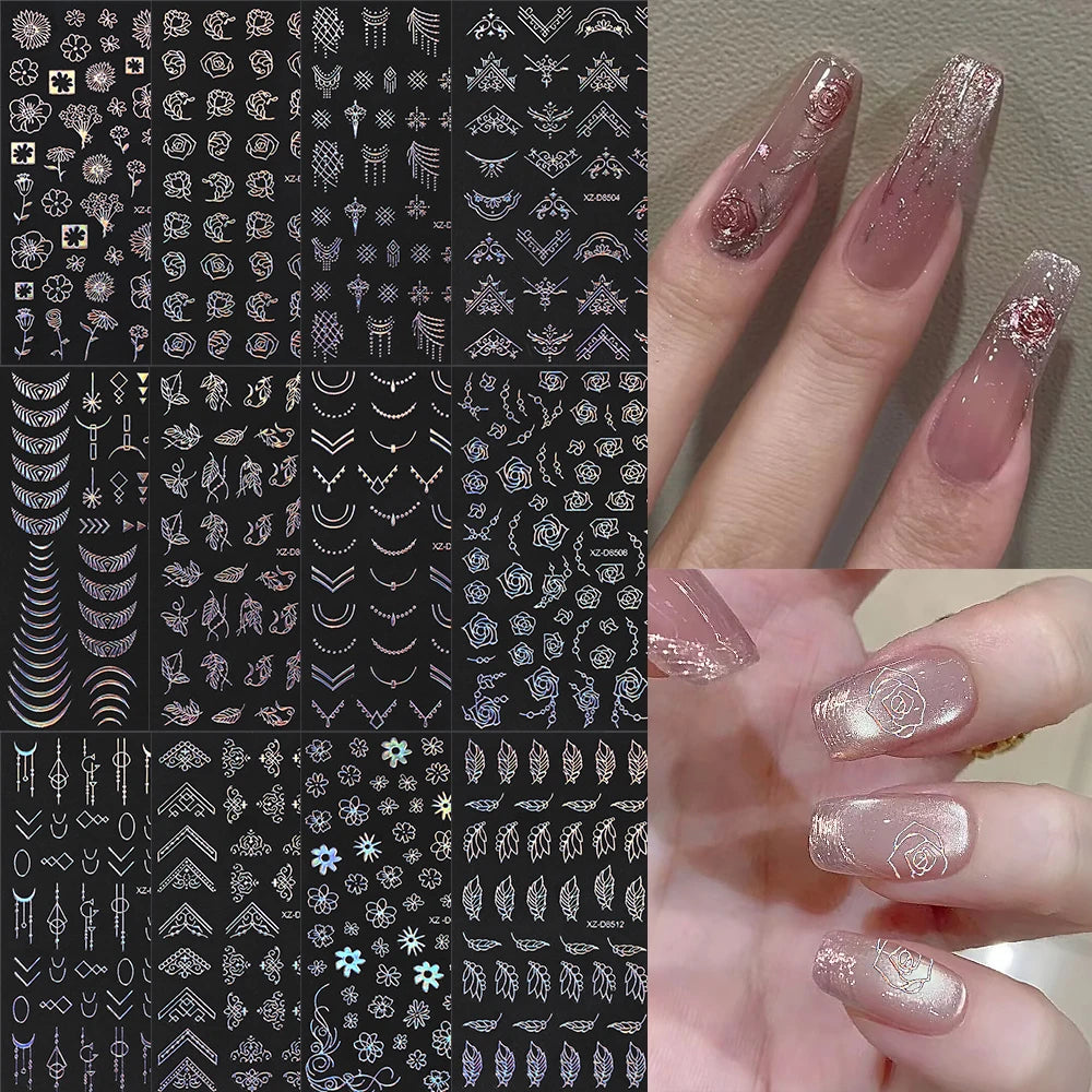 12Pcs 3D Laser Gold Silver Sun Star Moon Nail Stickers Y2K Snake/Starlight/Heart Adhesive Decals DIY Bronzing Nail Sliders