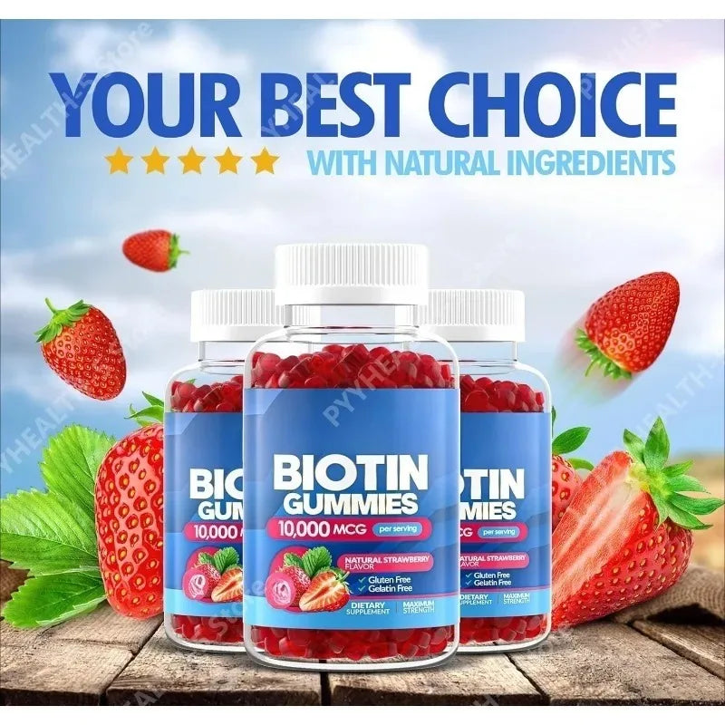 Biotin Gummies for Hair Growth, Skin & Nails Biotin Vitamins for Women Men Great Tasting Strawberry Flavor Gummies