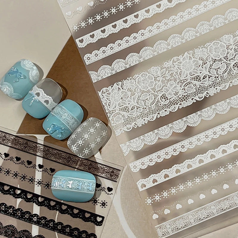 3Pcs White Lace 5D Nail Art Stickers Y2k Embossed Flowers Heart Petals Elegant French Decals Wedding Nails Manicure Decorations