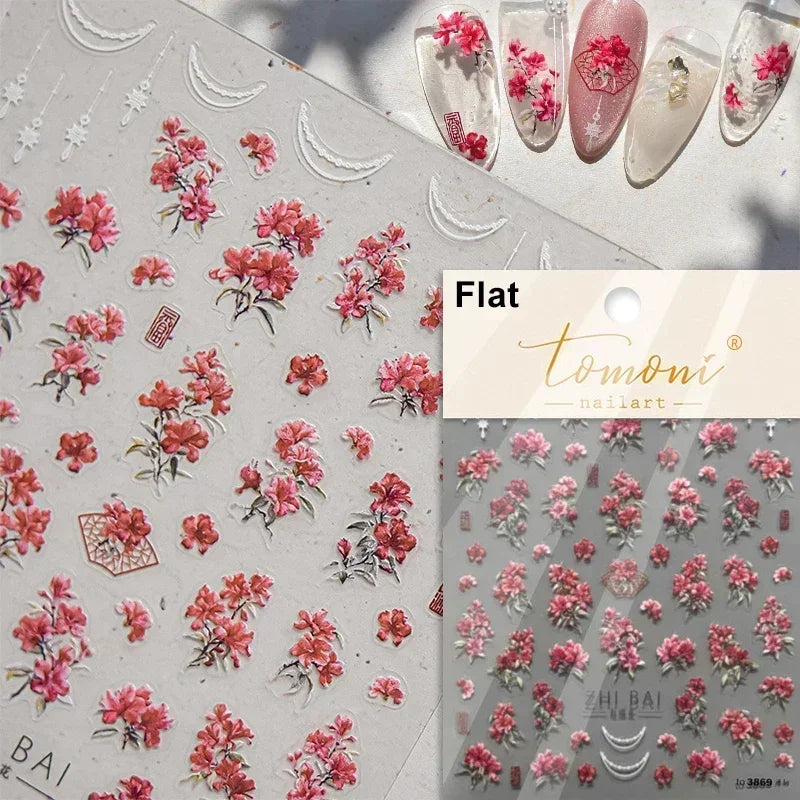 1 pc 5D sunflower nail stickers rose daisy cherry blossom self-adhesive nail art stickers oil painting style decorative sticker