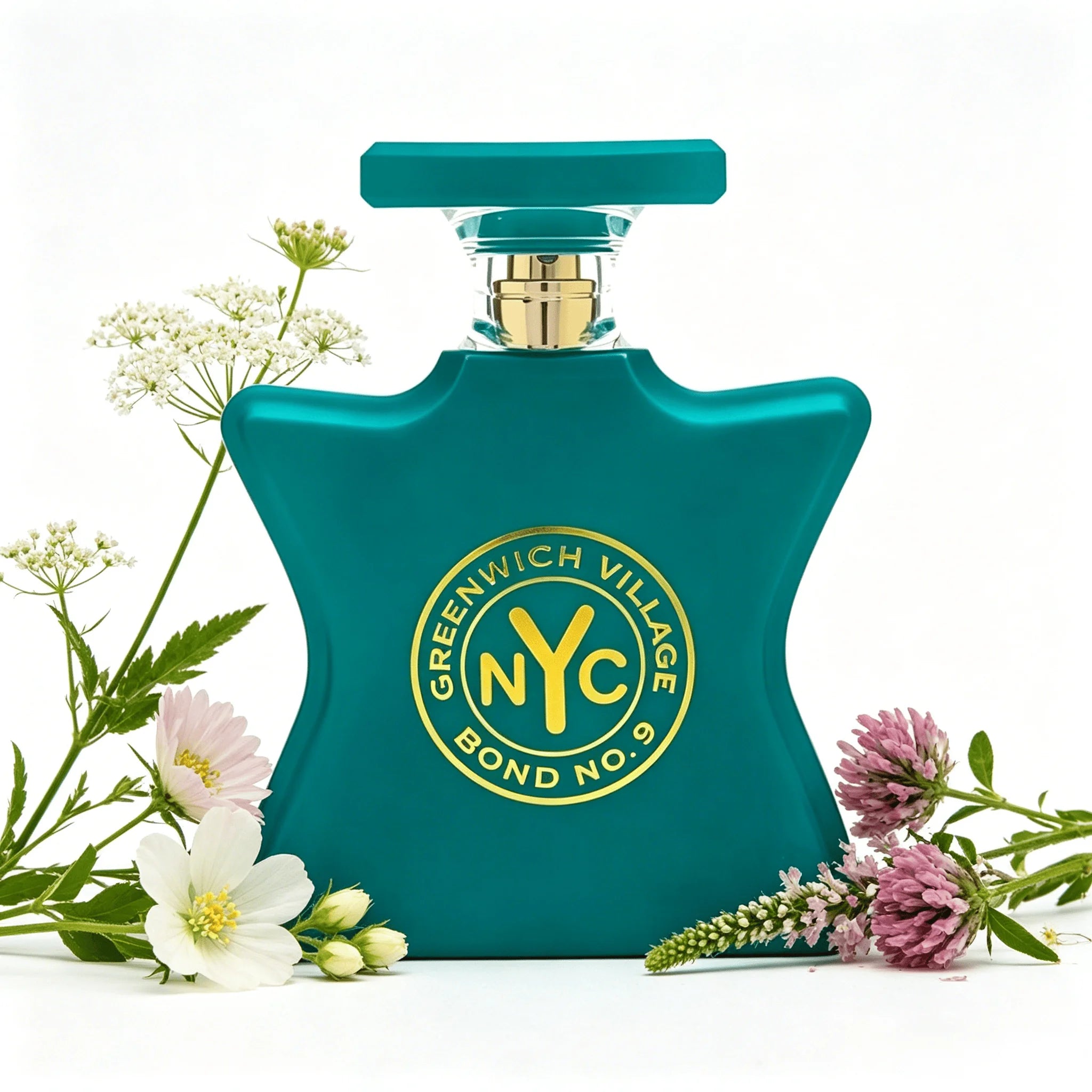 Bond No.9 NYC Greenwich Village EDP Perfume For Unisex Crisp Fresh Herbal Green Leaf Floral Earthy Woody Aroma Long Lasting Matte Turquoise Star Shaped Bottle With Gold Circular Badge Daily Outdoor Summer Travel Present