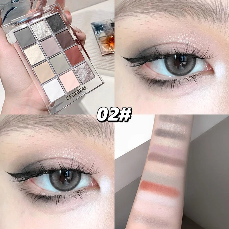Gege Bear 12-Color Eye Shadow Palette (Shimmer, Matte, Fine Shimmer) - Delicate, Natural Eye Shadow Palette for Makeup Stages