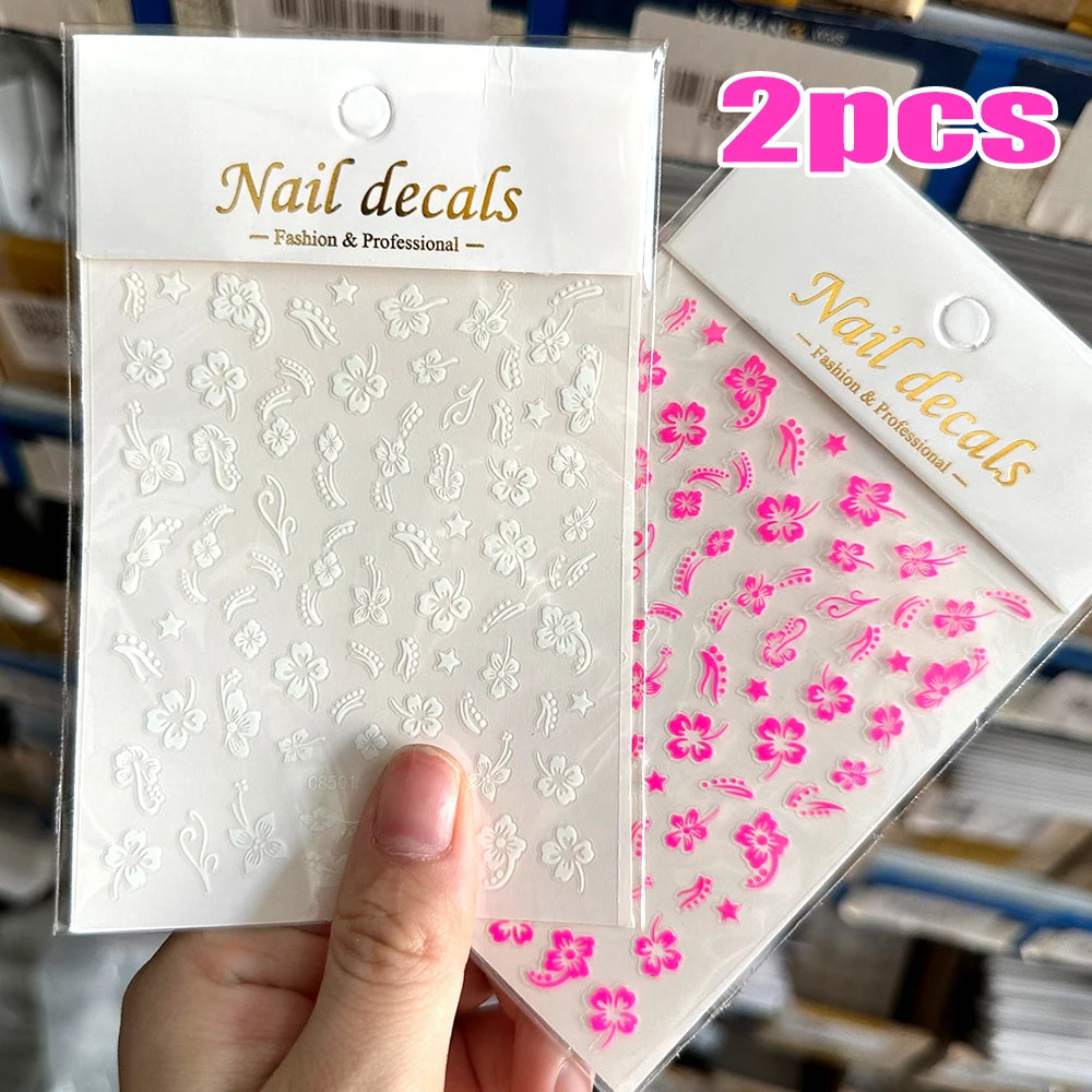 2pcs 3D Hibiscus Flower Nail Stickers 3D Self-Adhesive White Pink Flower Nail Decals Tropical Leaves Summer Nail Art Decoration