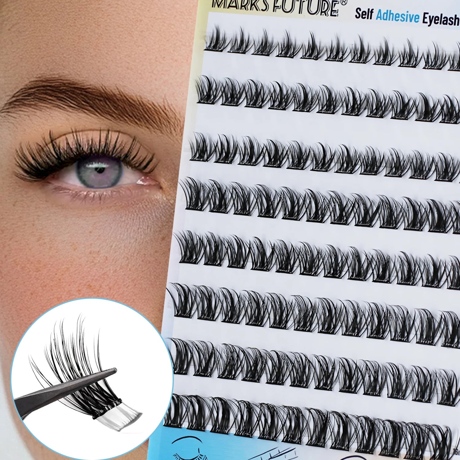 Self-Adhesive False Eyelashes, 96 Pieces, Wispy Natural Look, Black, for Home Use (D-Mix8-16 mm), Press-On Invisible Eyelashes Suitable for Beginners