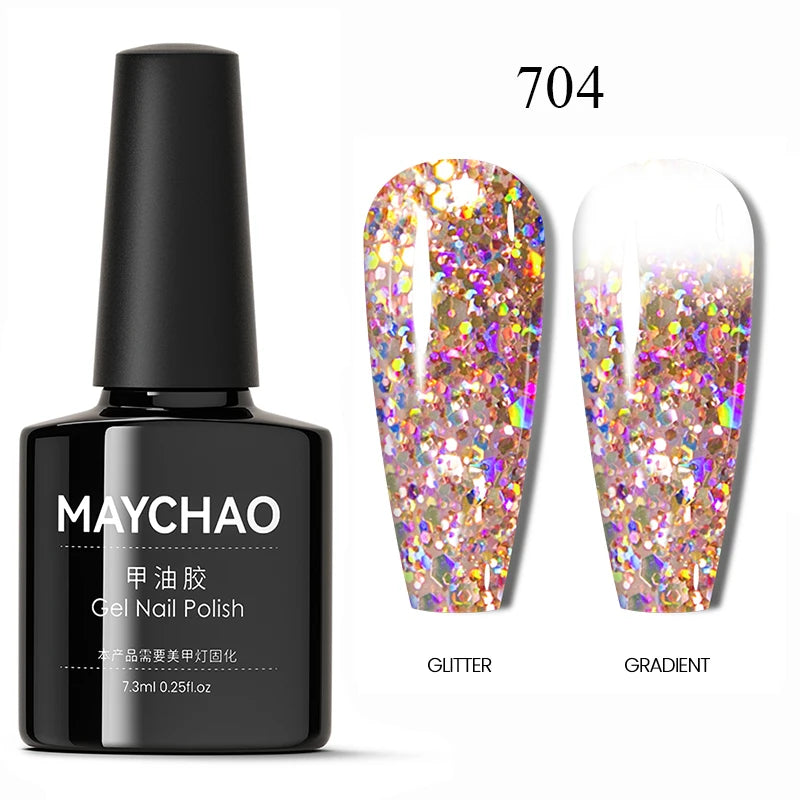MAYCHAO Glitter Gel Nail Polish 7.3ml Semi-permanent Sequins Shiny Gel Base Top Coat Soak Off UV LED Varnish Nail Art Decoration