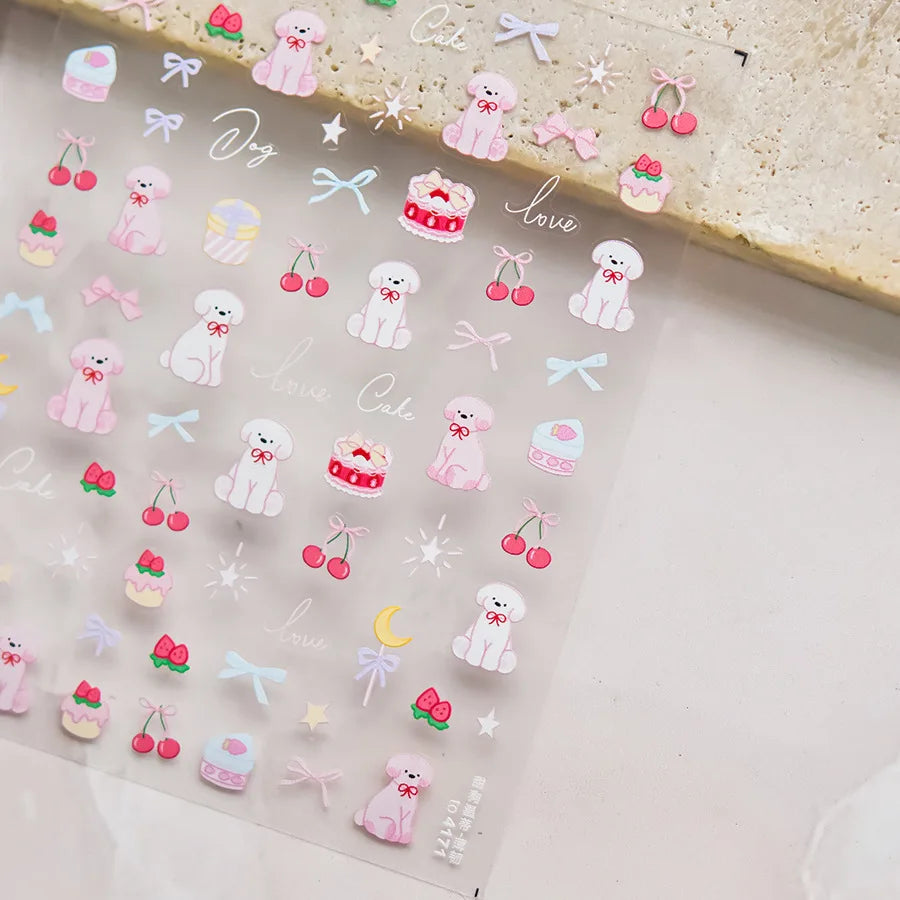 Colorful Balloon Cute Puppy Flower Cherry Bowknot Love Happy Dog Animal Self Adhesive Nail Art Sticker Decoration Manicure Decal