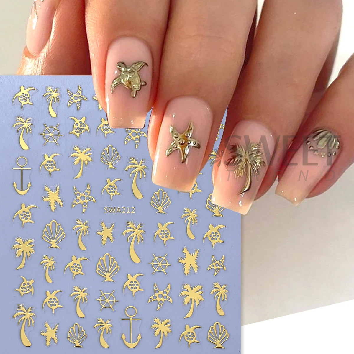 4pcs Bronzing Marine Life Nail Stickers Gold Silver Glitter Starfish Design Sliders Metal Sea Turtle Summer Decals Manicure Tips
