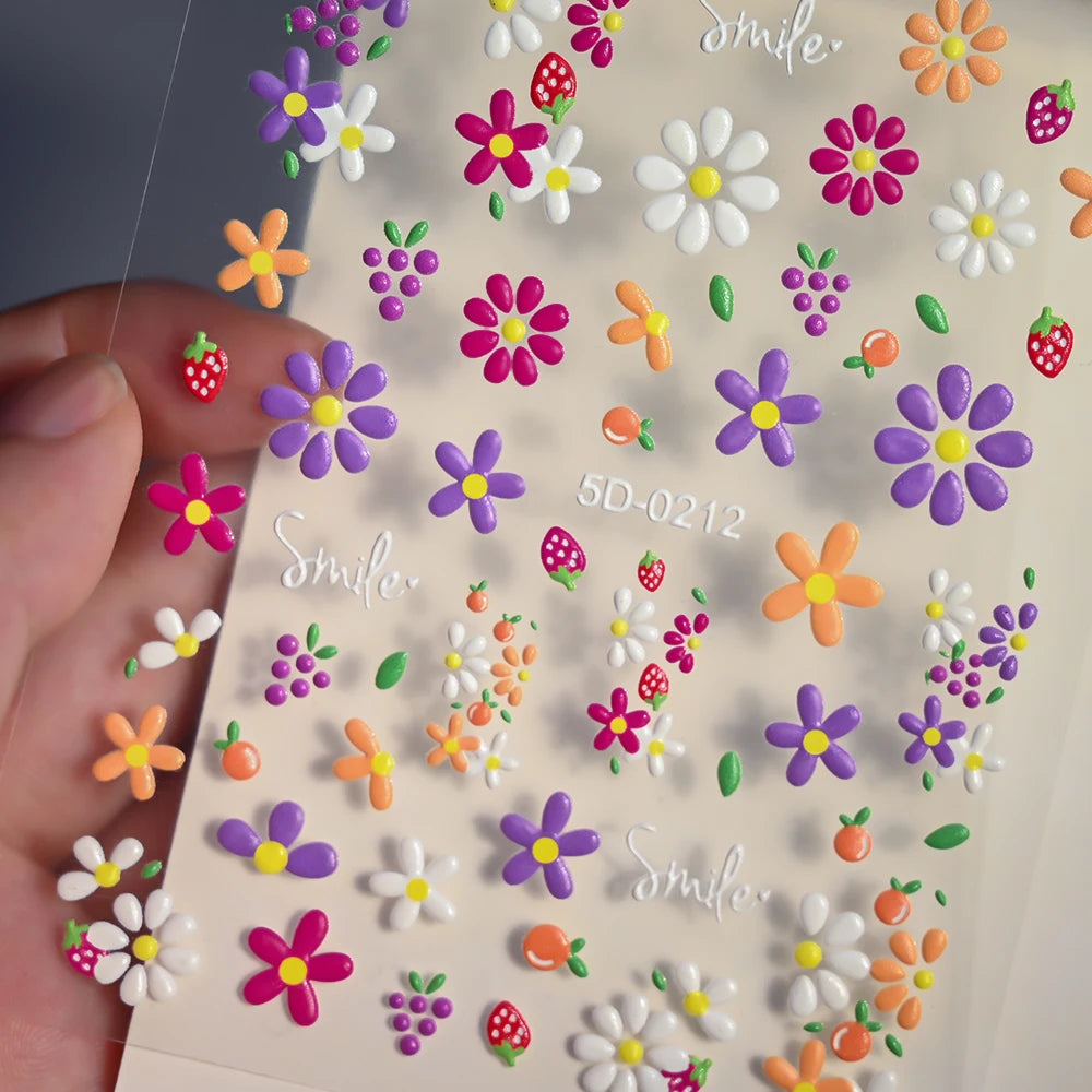 1pcs 5D Cute Colorful Daisy Nail Art Stickers Spring Flowers Tulip White Daisy Nail Decals Summer Blossom Floral Manicure Decora