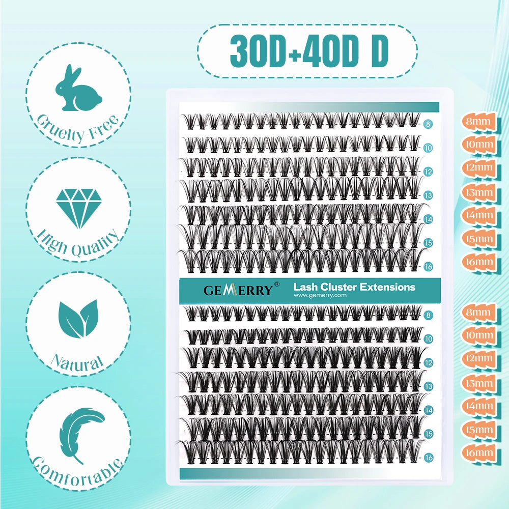 Gemerry 280 Cluster DIY Eyelashes 10D/20D 30D/40D Premade Volume Fan Lash Extension Individual Faux Mink Heat Bonded Lashes Soft