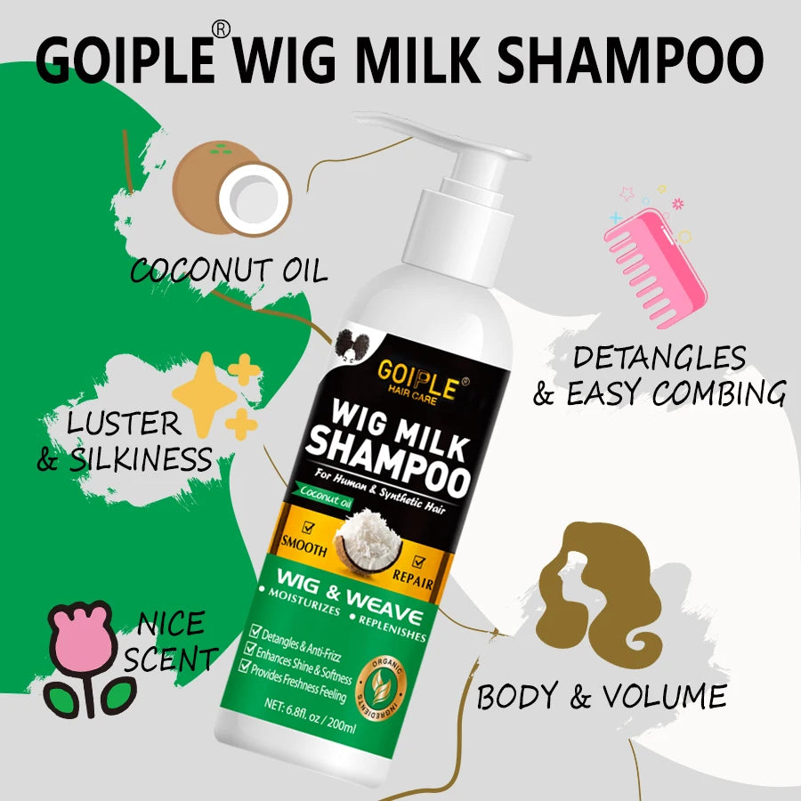 GOIPLE Natural Coconut Oil Wig Milk Shampoo Smooth Repair Moisturizes Frizzy Hair for Wigs Wave 2 in 1 Wig Wash Care Product