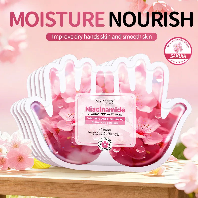 5 Pairs SADOER Sakura Niacinamide Hand Mask Moisturizing Whitening Exfoliating Nourish Hand Care Gloves For Dry Aging Hands Skin