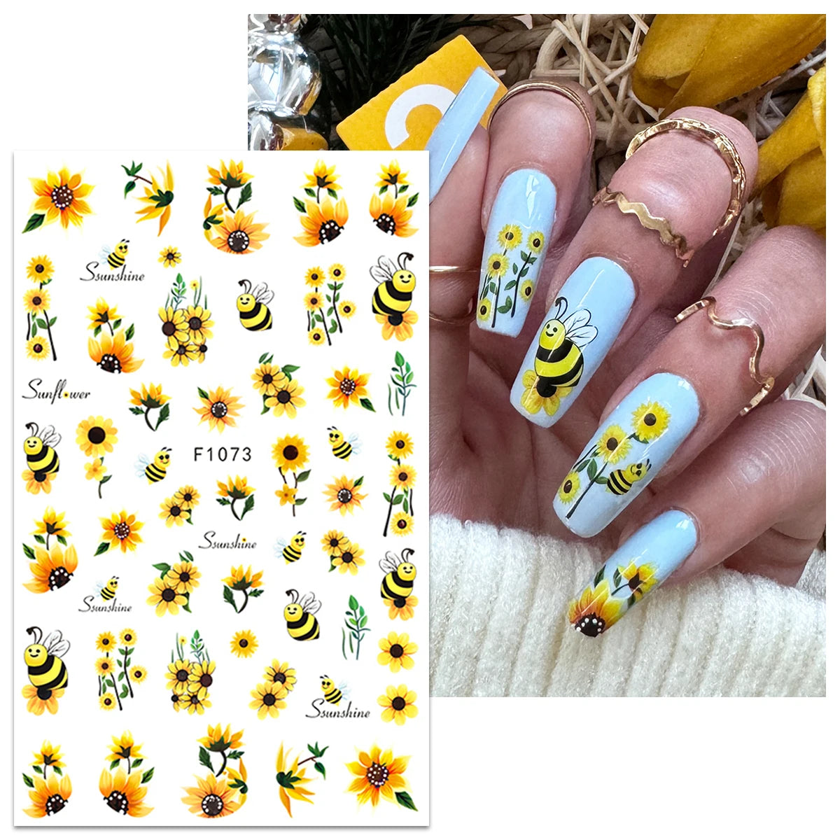 2 Spring and summer bee sunflower nail stickers, easy to apply for nail decoration DIY, gifts, party and wedding makeup styling