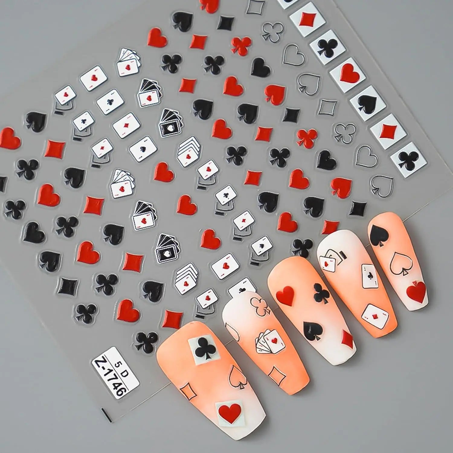 Poker Playing Card Nail Art Stickers 5D Embossed Nail Decoration DIY for Manicure Poker Suit Design Decals Self-Adhesive Supply