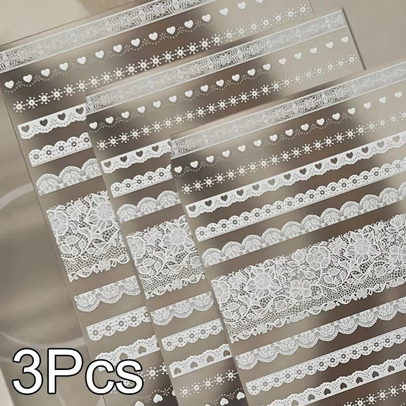 3Pcs White Lace 5D Nail Art Stickers Y2k Embossed Flowers Heart Petals Elegant French Decals Wedding Nails Manicure Decorations