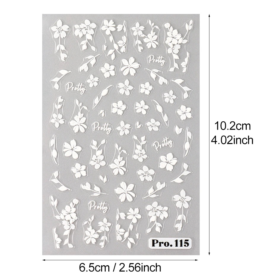 2pcs White Flower 3D Nail Art Stickers Sakura Blooming Florals Leaf Self-Adhesive Nail Decorations Sliders for DIY Manicure