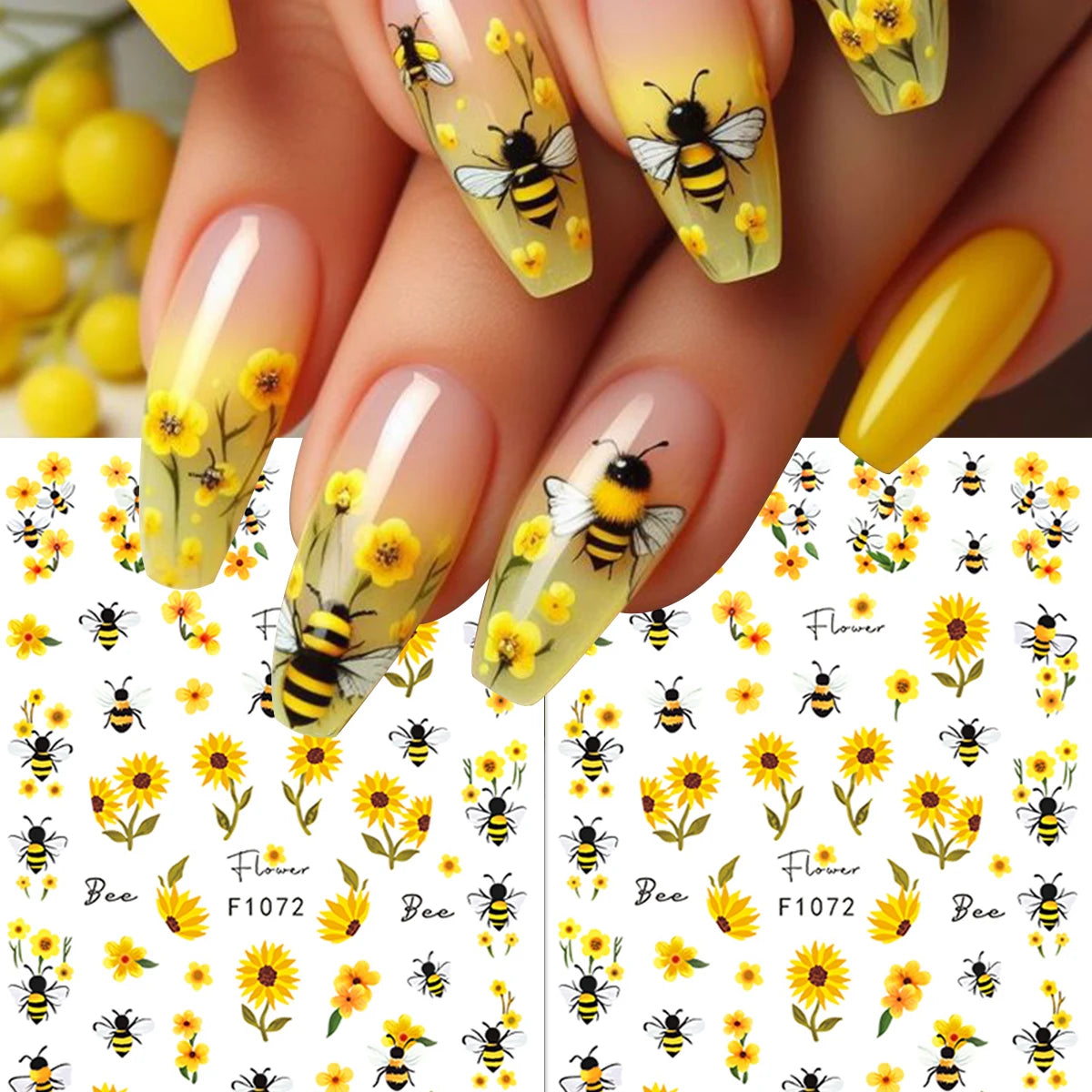 2 Spring and summer bee sunflower nail stickers, easy to apply for nail decoration DIY, gifts, party and wedding makeup styling