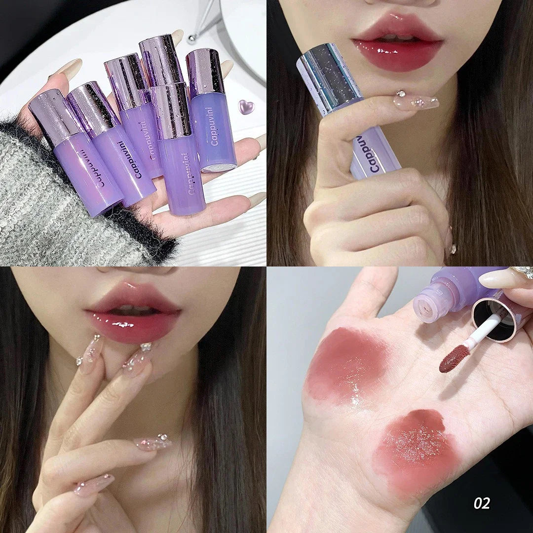 Water Light Lip Gloss Purple Mulberry Mirror Glass Lip Glaze Moisturizing Plump Lip Non Stick Cup Waterproof Long Lasting Makeup