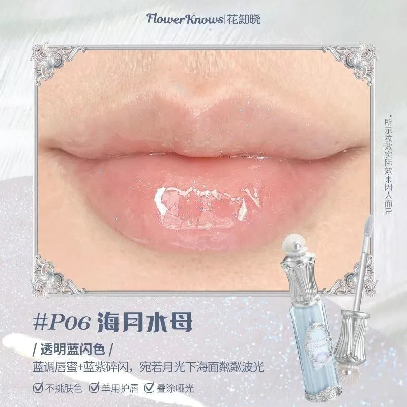 Flower Knows Moonlight Mermaid Clear Lip Gloss Collection Gemstone Lip Glaze Nourishing Mirror Lip Plumber Gloss Makeup 3.5ML