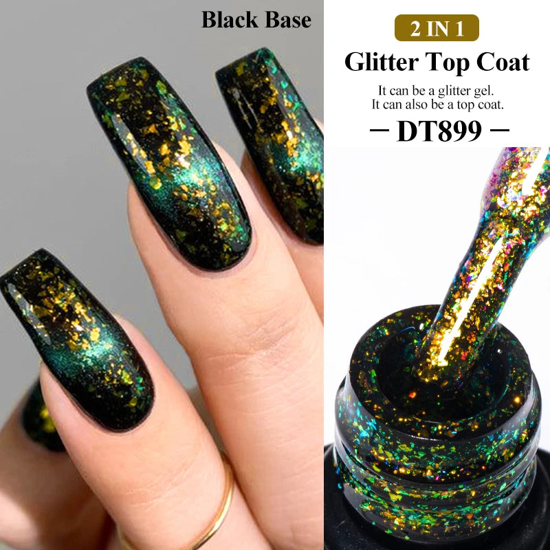 MEET ACROSS 7ml Dark Color Glitter Top Coat Gel For Nails Brocade Powder 2 In 1 Chameleon Nail Art Gel Varnish Manicure