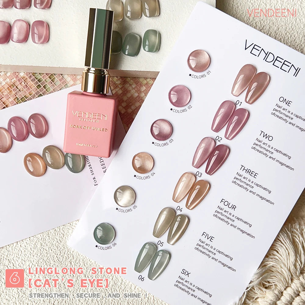 Vendeeni 6-Colors Set Pink Jelly Cat Eye Gel Nail Polish UV LED Nude Skin Crystal Magnetic Manicure Varnish with Color Card