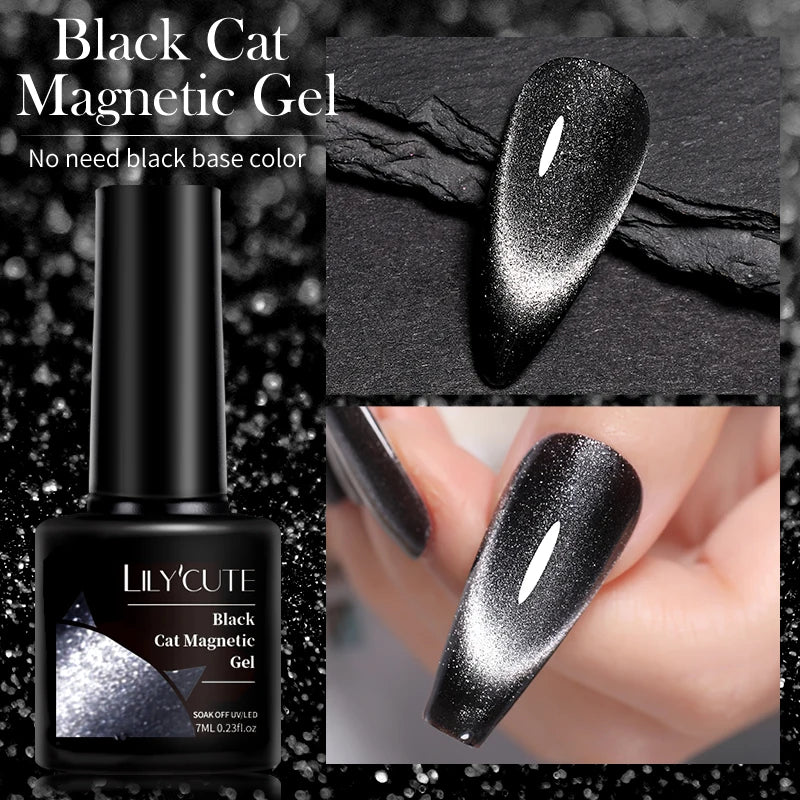 LILYCUTE 7ml 9D Black Crystal Cat Magnetic Gel Nail Polish Laser Silver Glitter Semi Permanent Manicure For Nail Art Gel Varnish