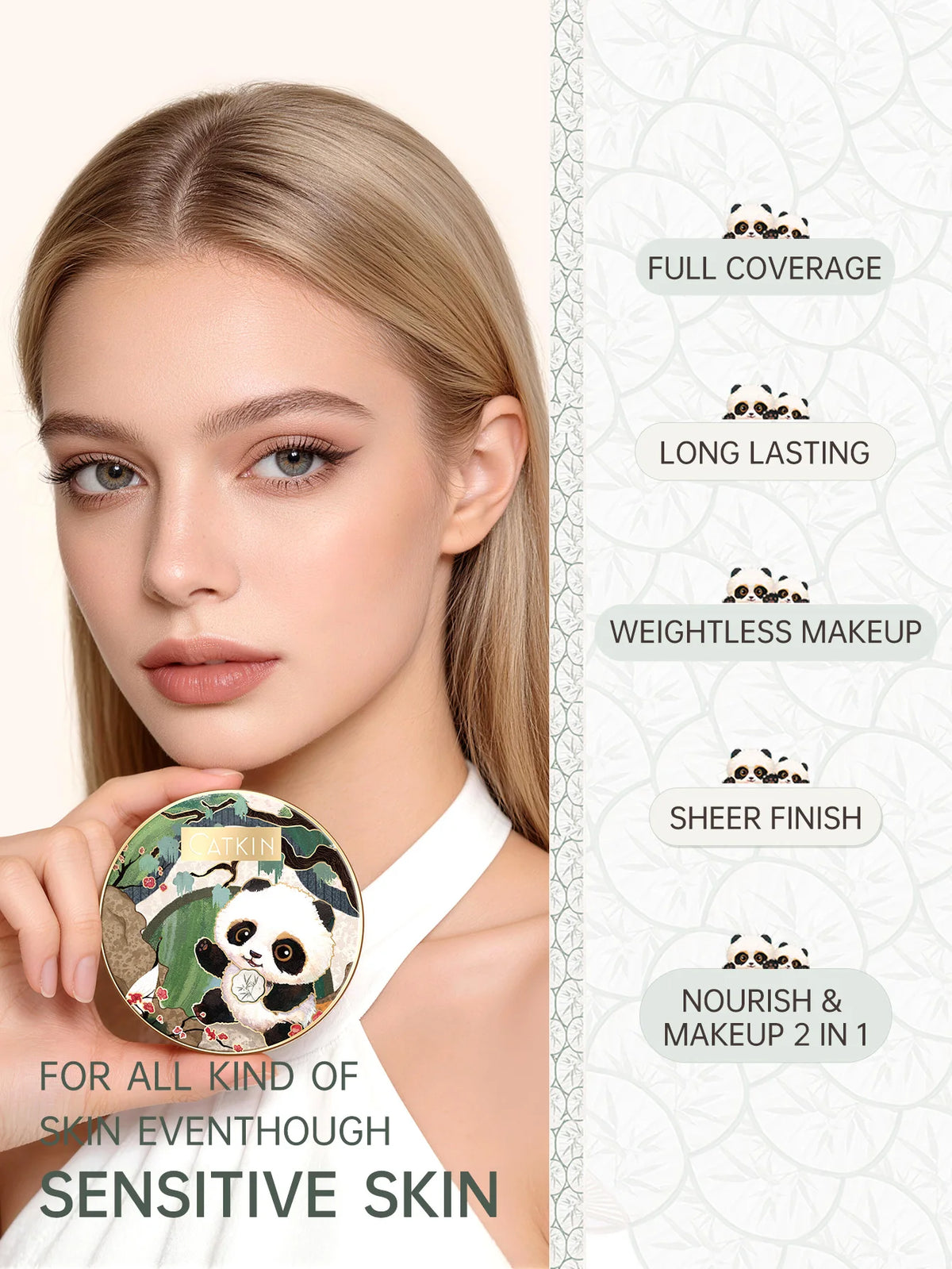 CATKIN Makeup Panda Land Full Coverage Cushion Foundation Breathable Hydrating Nourishing Poreless Foundation for Sensitive skin
