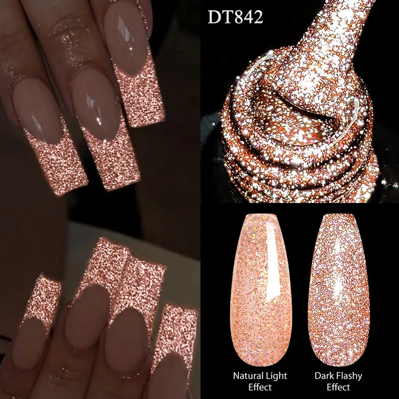 MEET ACROSS 7ml Dark Color Glitter Top Coat Gel For Nails Brocade Powder 2 In 1 Chameleon Nail Art Gel Varnish Manicure