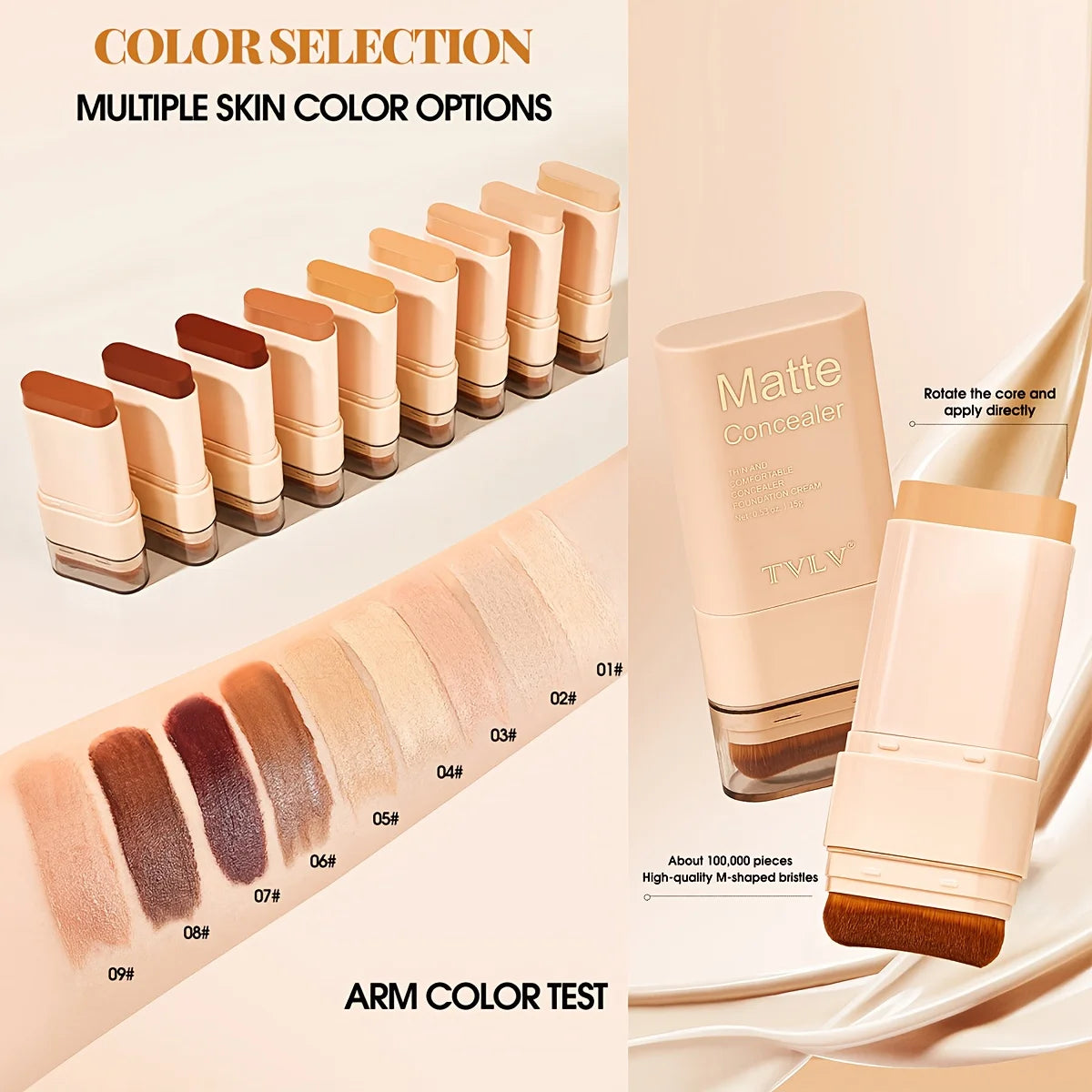 2-in-1 Concealer Eraser Dual-Head Foundation Stick with Brush Head Nine Colors European and American Waterproof Non-Caking Solid Foundation Cream 15G/Stick - 1 Stick
