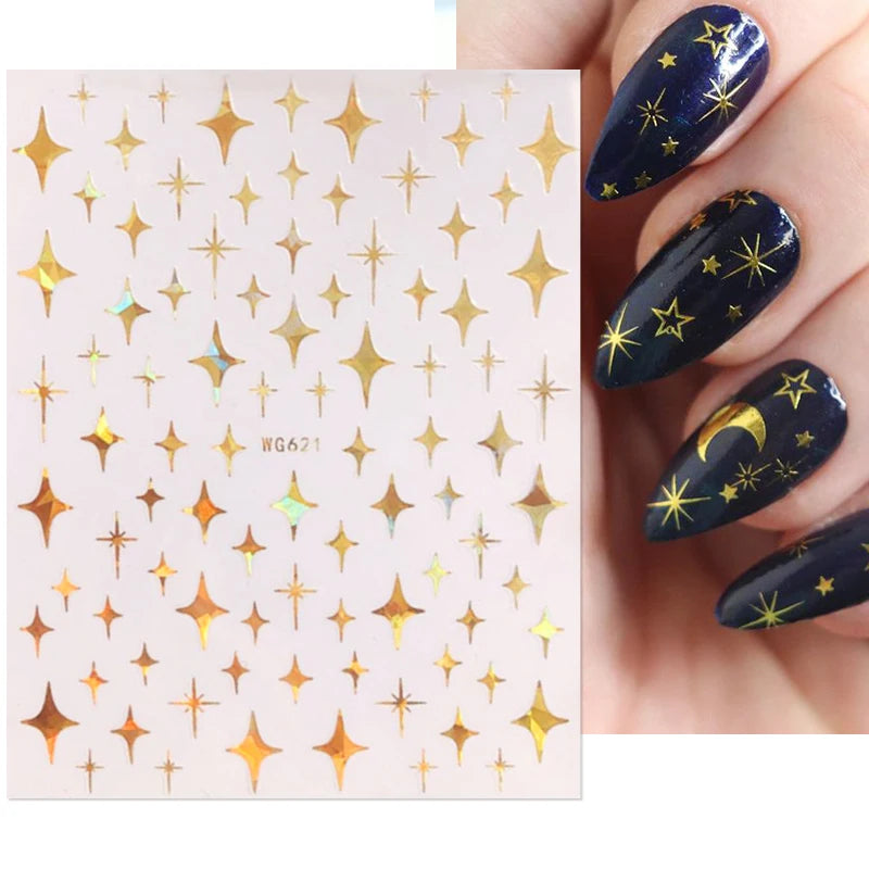 Shiny Gold Star Moon Sun Nail Stickers for Manicure Accessories Heart Feather Animals Printing Self Adhesive Nail Wrap