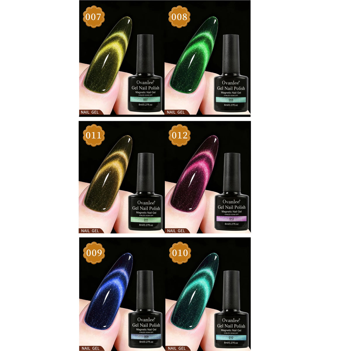 6pc 12 Colors Available Reflective Cat Eye Magnetic Soak-Off UV LED Gel Nail Polish, Fashion Holographic Nail Art Tools For Women