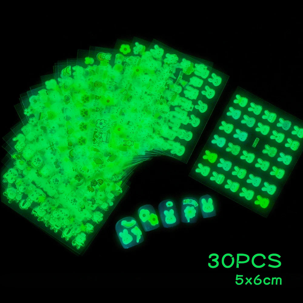 30pcs/set Luminous Children's Cartoon Rabbit Nail Stickers Glow in the Dark Cute Flower Nail Decals Adhesive Kawaii Kids Sticker