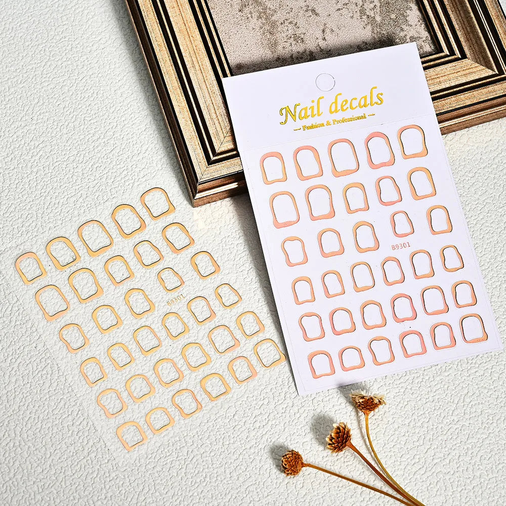 2pcs 3D Bronzing Gold Geometric Frames Nail Stickers Irregular Metallic Hollow Frame Nails Decals Square Geometric Nail Supplies