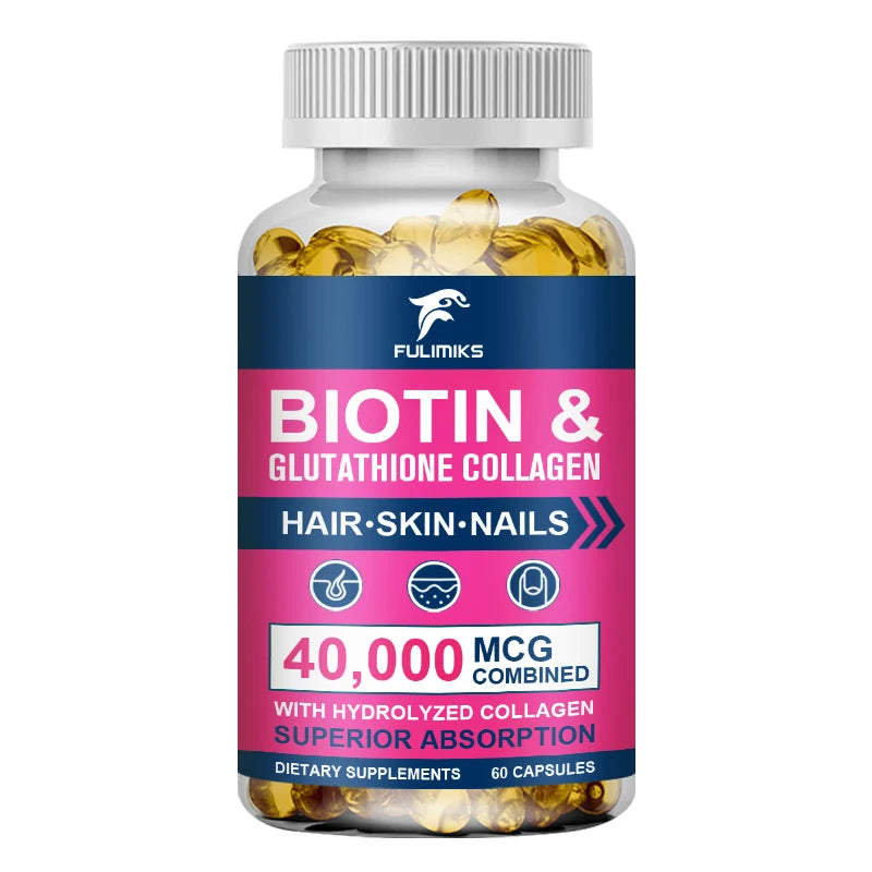 Biotin 40000mcg Combined Capsules, with Collagen & Glutathione, Promotes Hair, Skin, Nail Health & Natural Beauty Vitality