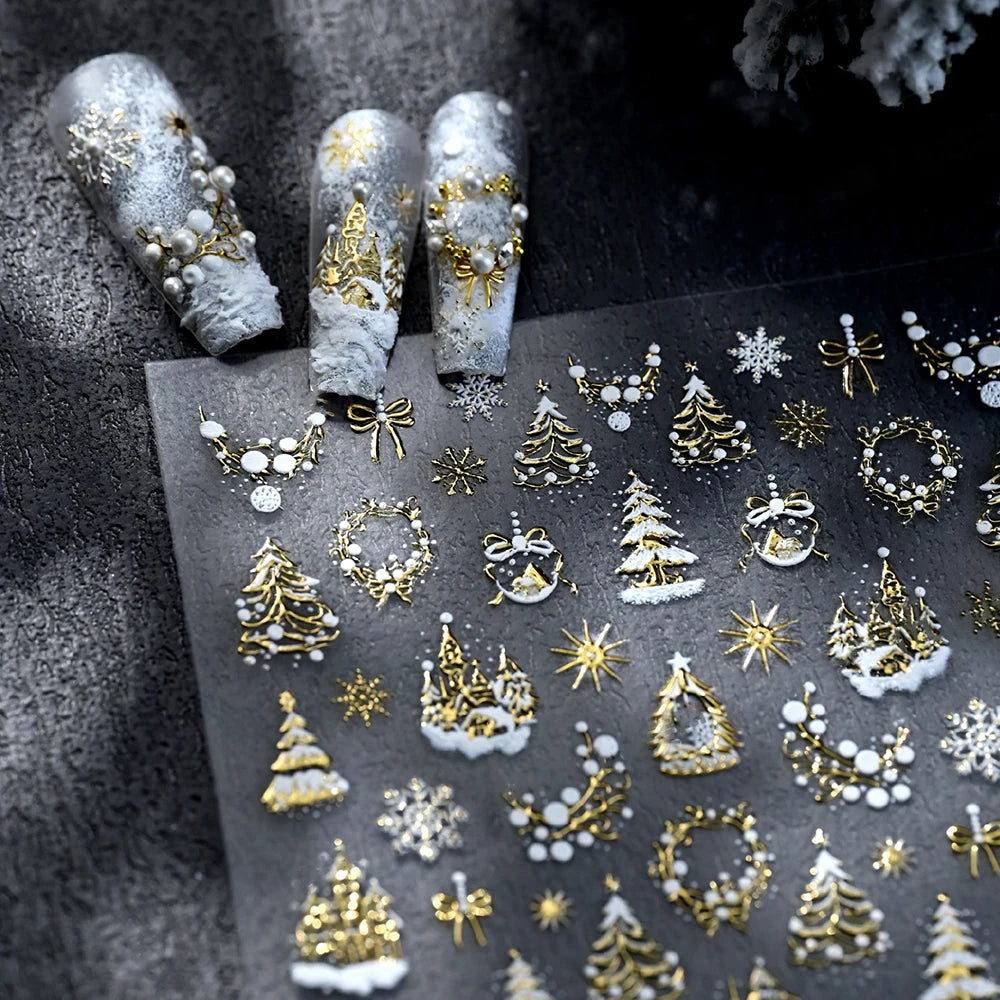 1pc 5D Gold Snow Christmas Tree Wreath Nail Art Stickers Bow Crystal Ball Pendant Winter Nail Decals New Year Xmas Nail Decorati