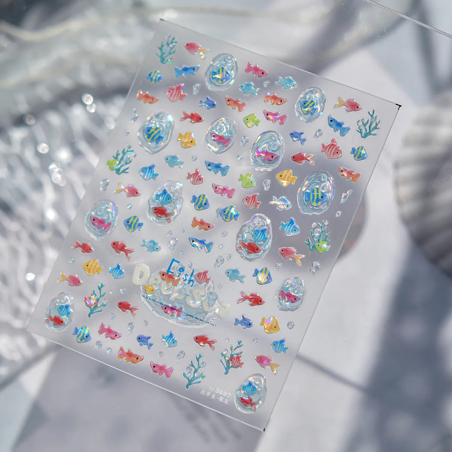 1pcs 5D Colorful Fish Starfish Coral Seaweed Shell Bubbles Ocean Nail Art Stickers Clear Jelly Tropical Fish Embossed Nail Decal