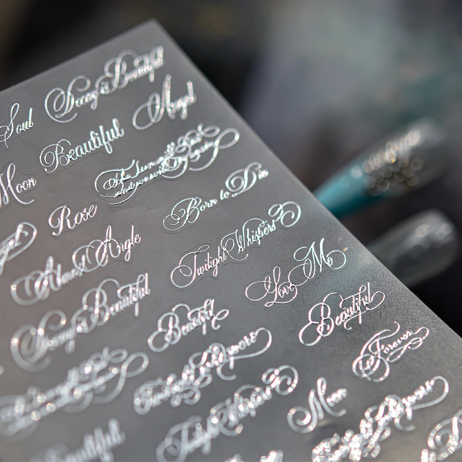 Silver Foil Script Beautiful Rose Moon Forever 5D Nail Art Stickers Cool Elegant Calligraphy Words Embossed Nail Decal Manicure