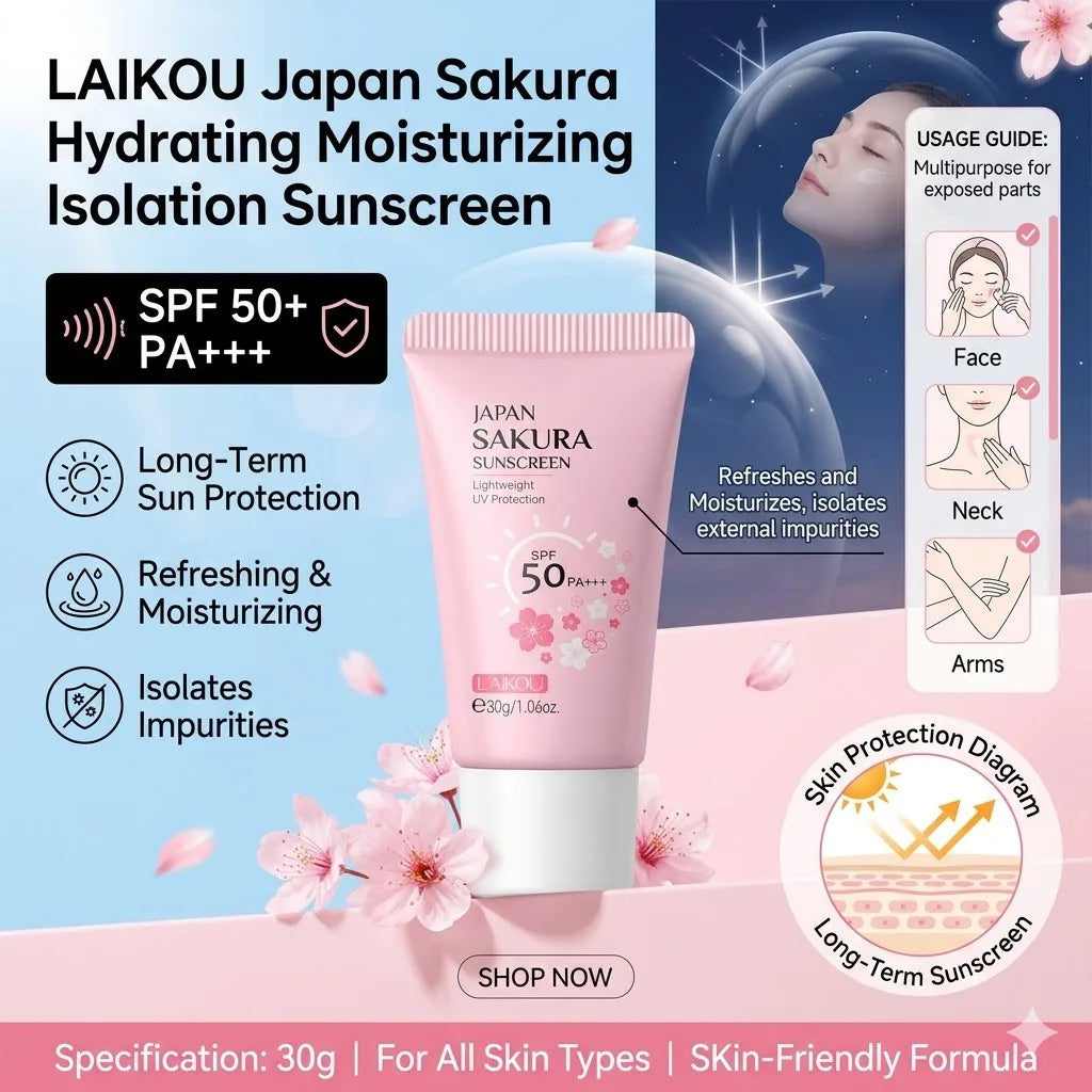 LAIKOU Japan Sakura Sunscreen SPF 50+ Brightening Sunblock Cream Face Body Moisturizing Isolating UV Protector 30g