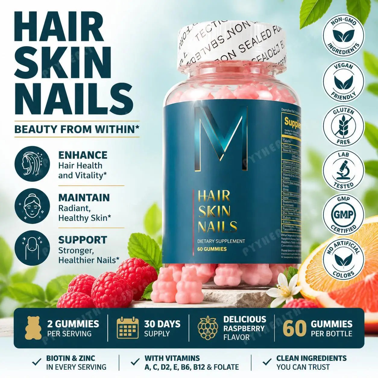 Hair Skin Nails Gummies with Biotin and Zinc, Vitamins A C D2 and E, plus B6 and B12 for radiant healthy skin, 60 Gummies