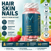 Hair Skin Nails Gummies with Biotin and Zinc, Vitamins A C D2 and E, plus B6 and B12 for radiant healthy skin, 60 Gummies