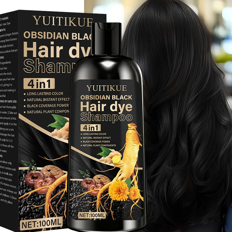 Obsidian Black Hair Dye Shampoo 100ml - 4-in-1 Plant Formula, Covers Gray Hair with Natural Color, Dense Bubbles, Lasting Color